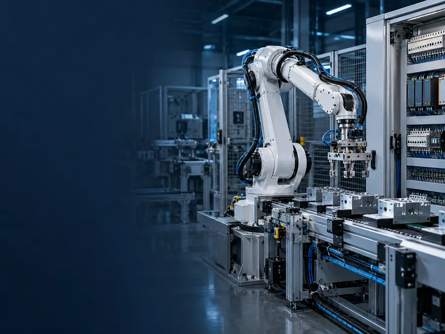 Concept scene: a robot cell and control cabinet on an automated production line